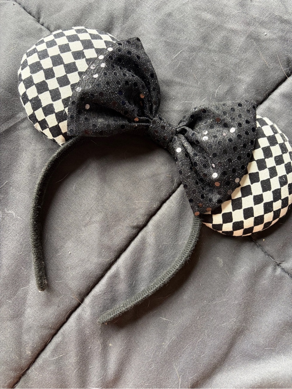 Black Checkered Mouse Ear Headband with sequin bow